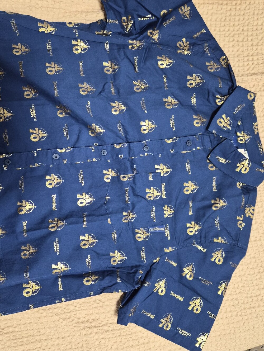 Disney Short-Sleeve Button-Up Shirt in Royal Blue with Gold Print